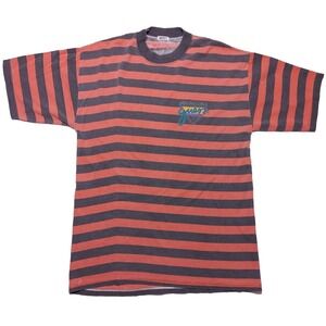 Vintage GUESS 1990s Crewneck T-Shirt Red Gray Striped Small Medium Fit
